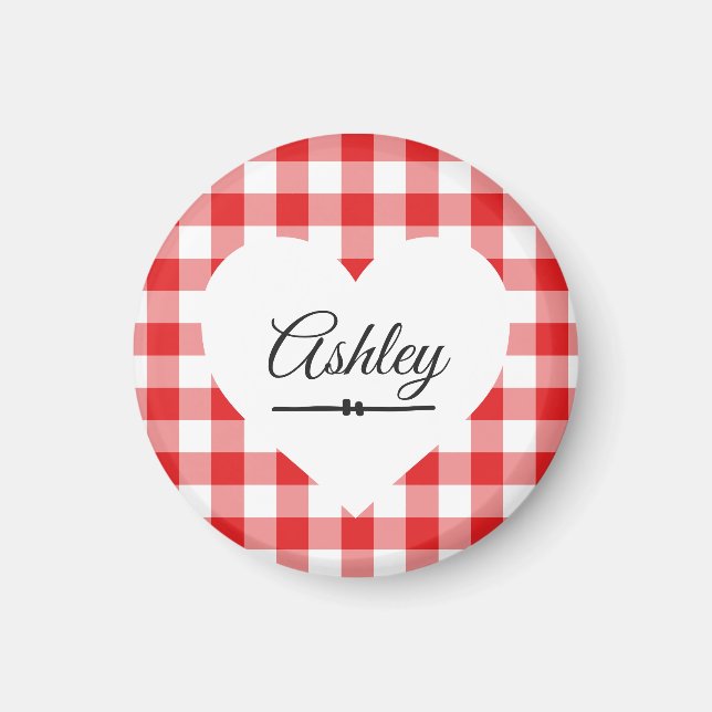 Valentine Heart Red Gingham Name Monogram Magnet (Vorne)