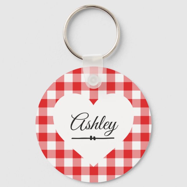 Valentine Heart Red Gingham Name Monogram Schlüsselanhänger (Vorderseite)