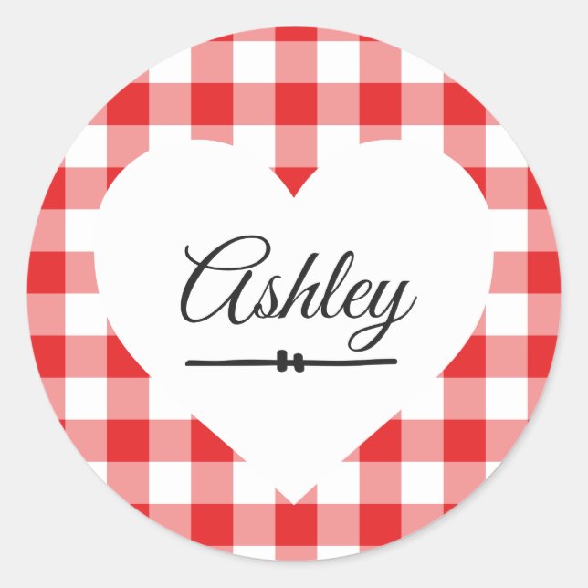 Valentine Heart Red Gingham Pattern Name Monogram Runder Aufkleber (Vorderseite)