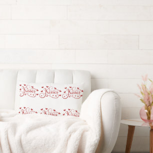 Valentine Hearts and Kisses Red on White Lendenkissen
