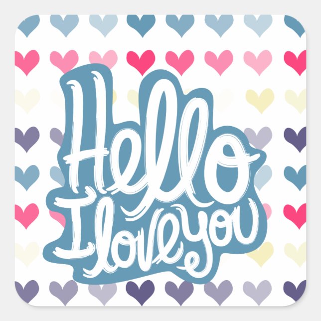 Valentine Hearts Blue Hallo, ich Liebe Sie Quadratischer Aufkleber (Vorderseite)