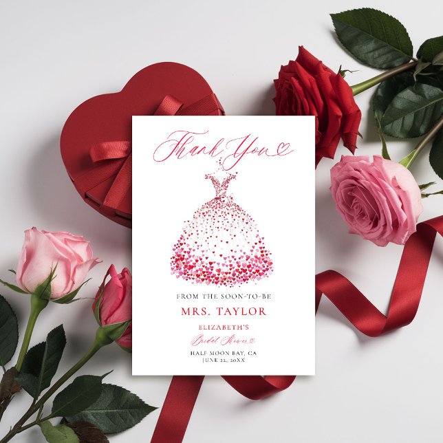 Valentine Hearts Dress Bow Brautparty Vielen Dank Dankeskarte (valentine bridal shower thank you card elegant dress red hearts bow calligraphy romantic elegant)
