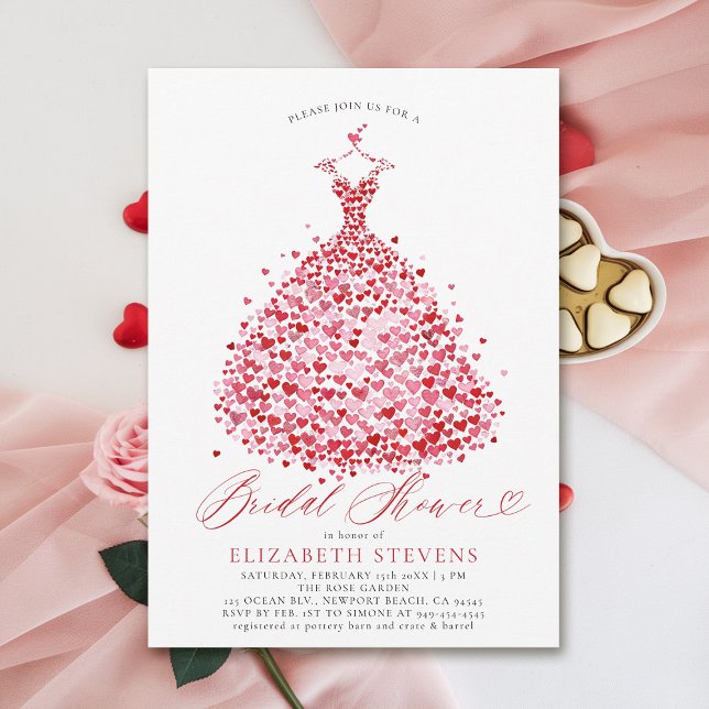 Valentine Hearts Dress Elegantes Rotes Brautparty Einladung (valentine bridal shower invitations whimsical hearts watercolor elegant dress modern minimalist red)