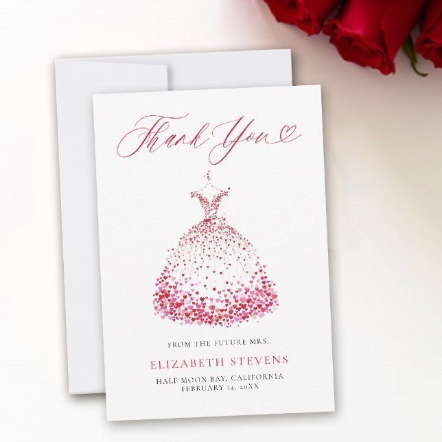 Valentine Hearts Dress Whimsical Art Bridal Shower Dankeskarte (valentine bridal shower thank you brunch bubbly watercolor hearts dress showered with love garden)