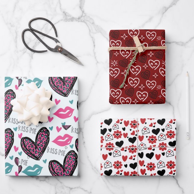 Valentine Hearts Geschenkpapier Set (Vorderseite)