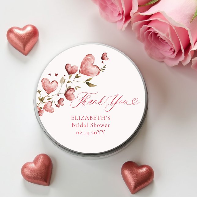 Valentine Hearts Love Garden Pink Bridal Shower Runder Aufkleber (valentine bridal shower sticker watercolor hearts vine romantic lovebirds february love in the air)