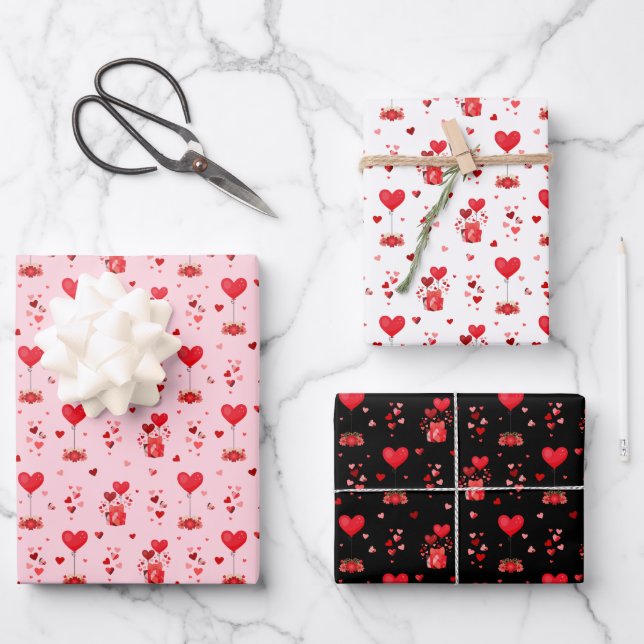 Valentine Hearts on Pink, White und Black Geschenkpapier Set (Vorderseite)