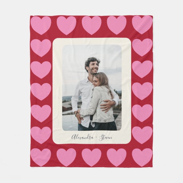 Valentine Hearts | Personalisiertes rosa und rotes Fleecedecke (Vorderseite)