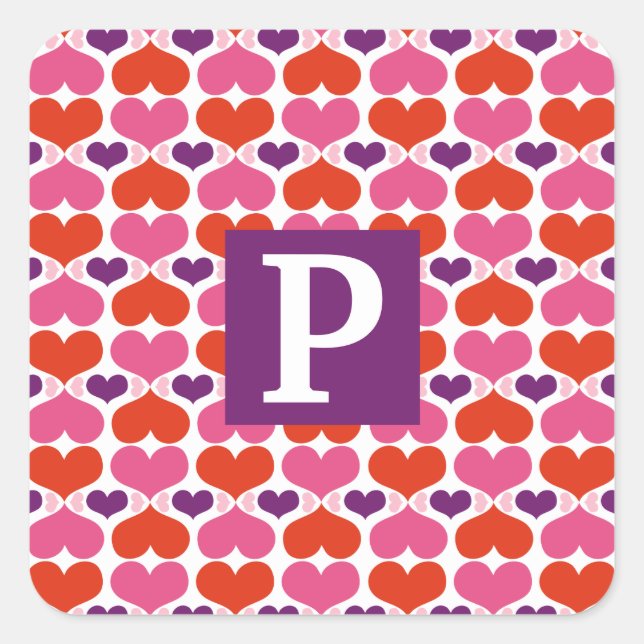 Valentine Hearts Quilt Monogram Quadratischer Aufkleber (Vorderseite)