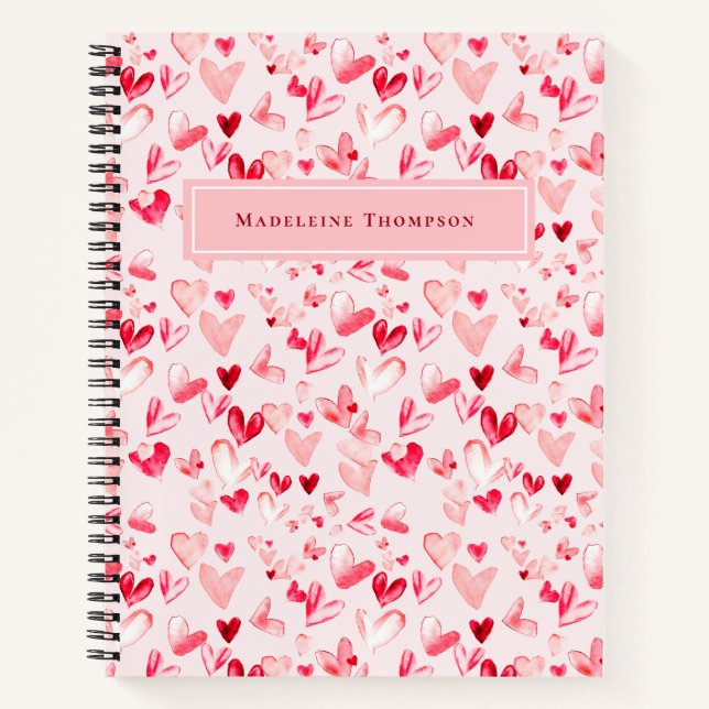 Valentine Hearts Whimsical Wasserfarbe Rosa Rot Notizbuch (Vorderseite)
