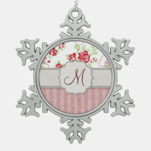 Valentine - Herz, Rose und Streifen w Monogramm Schneeflocken Zinn-Ornament