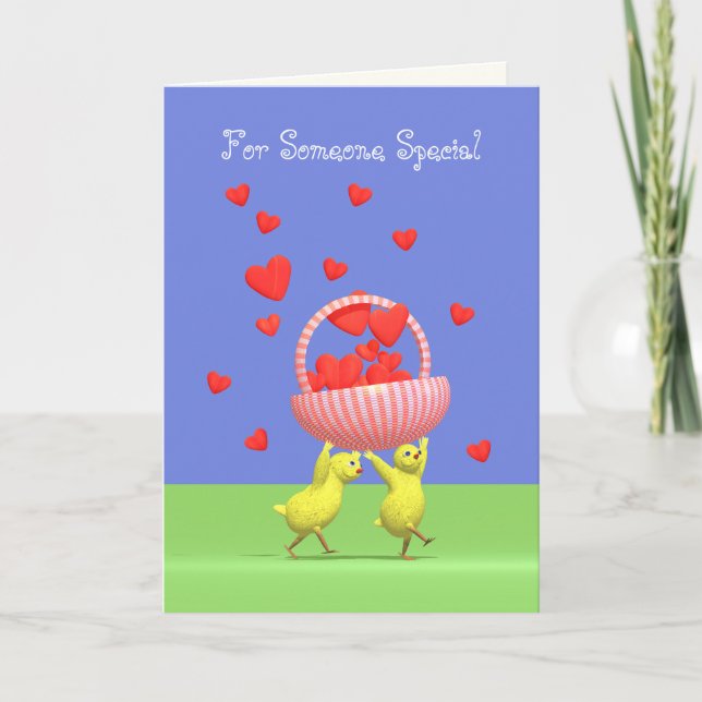 Valentine Hühner und Herzkörbe Feiertagskarte (Vorderseite)