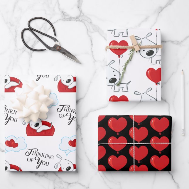 Valentine Hund und Herz Wrapping Paper Sheet Set Geschenkpapier Set (Vorderseite)