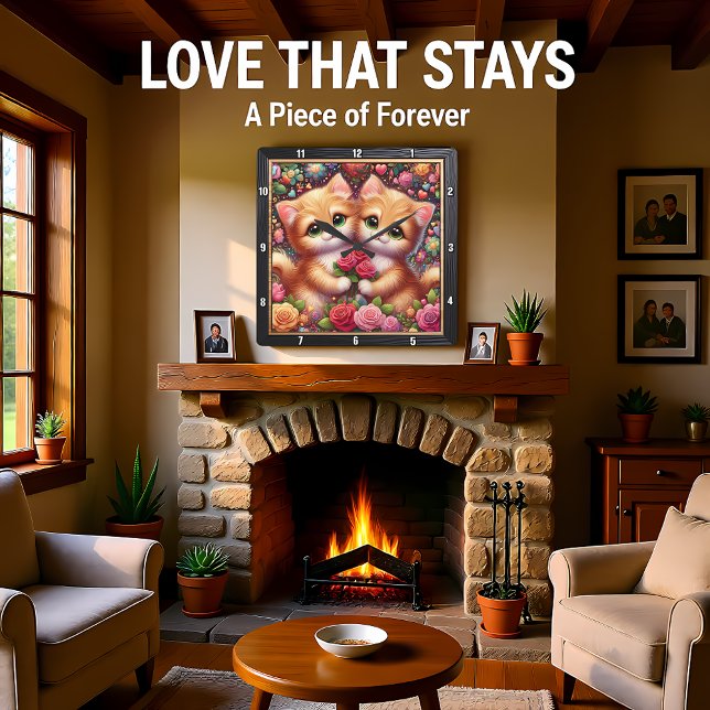 Valentine Kitten Couple Rose Wall Quadratische Wanduhr (Von Creator hochgeladen)