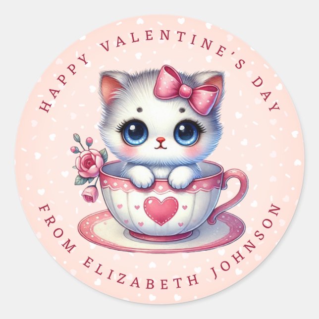 Valentine Kitten Personalisierter Name Round Stick Runder Aufkleber (Vorderseite)