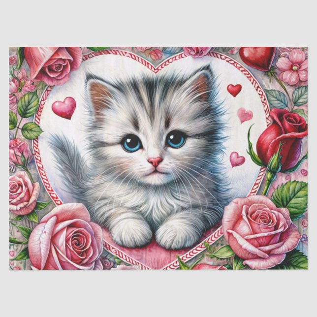 Valentine Kitten With Roses Tissue Paper Seidenpapier (Vorderseite)