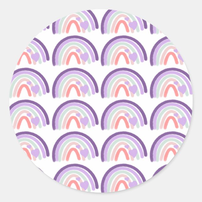Valentine Lila Handgezeichnetes Regenbogenmuster Runder Aufkleber (Vorderseite)