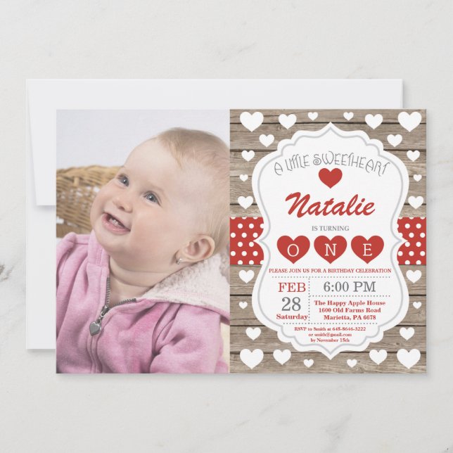 Valentine Little Sweetheart Erster Geburtstag Einladung (Vorderseite)