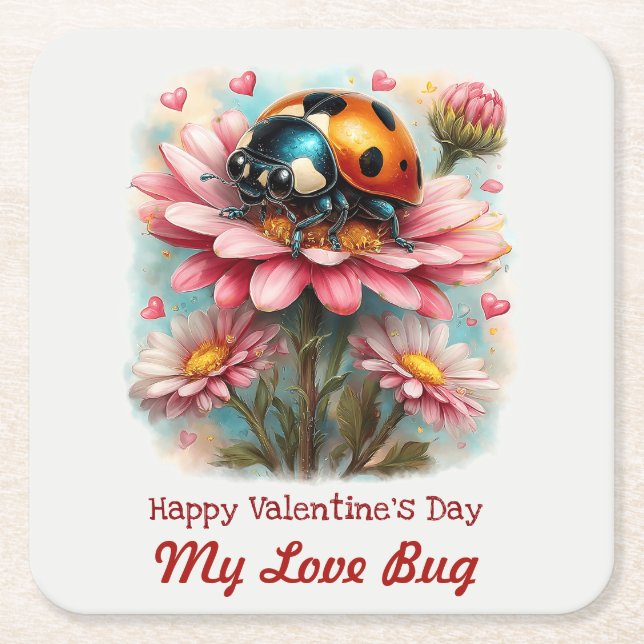  Valentine Love Bug on Blossoms Rose Rechteckiger Pappuntersetzer (Vorderseite)