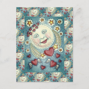 VALENTINE MAN IN THE MOON, HIMMELSTERN & HERZEN FEIERTAGSPOSTKARTE