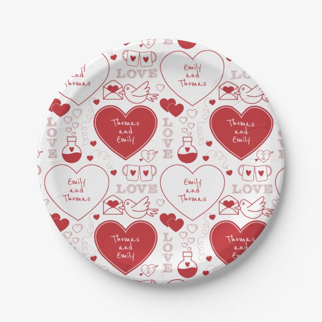 Valentine Musterpapierplatte - rot auf weiß | 2 | Pappteller (Vorderseite)