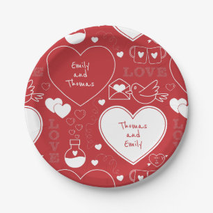 Valentine Musterpapierplatte - Weiß auf Rot   1   Pappteller