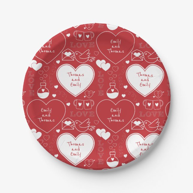 Valentine Musterpapierplatte - Weiß auf Rot | 2 | Pappteller (Vorderseite)
