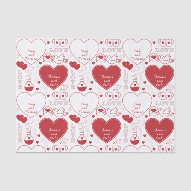 Valentine Musterteppichpapier - rot auf weiß Seidenpapier (Vorderseite)
