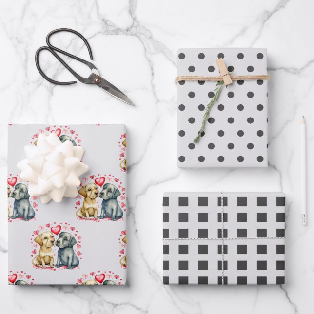 Valentine niedliche Hunde dotieren quadratisches M Geschenkpapier Set (Vorderseite)
