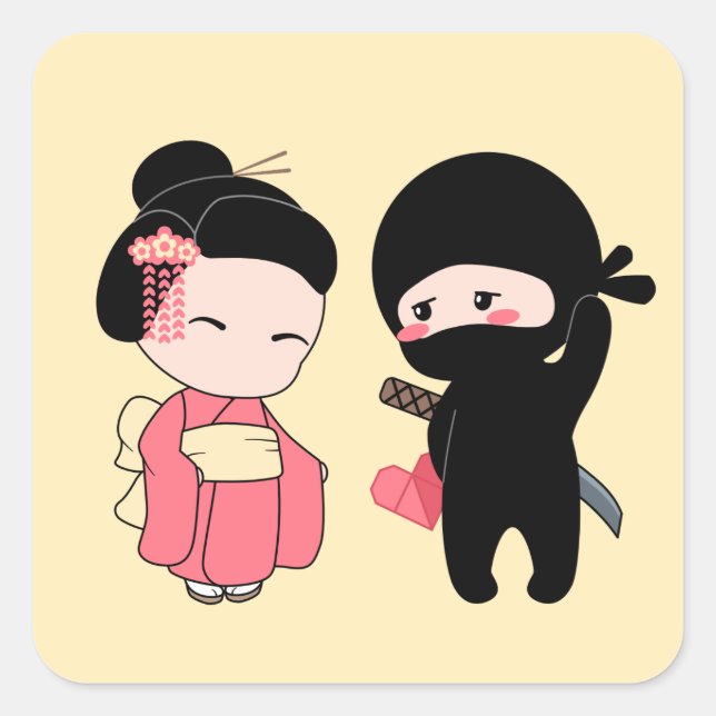 Valentine Ninja und Geisha auf Gelb Quadratischer Aufkleber (Vorderseite)