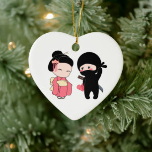 Valentine Ninja und Geisha Keramik Ornament