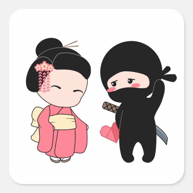 Valentine Ninja und Geisha Quadratischer Aufkleber (Vorderseite)
