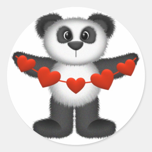 Valentine Panda Bear Holding String of Red Hearts Runder Aufkleber (Vorderseite)