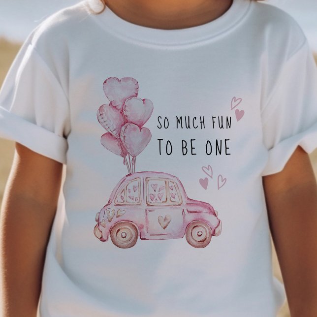 Valentine Pink Balloons und Auto zum ersten Geburt Baby T-shirt (Girls First Birthday T-shirt - from my Car and Balloons Valentine Birthday Collection)