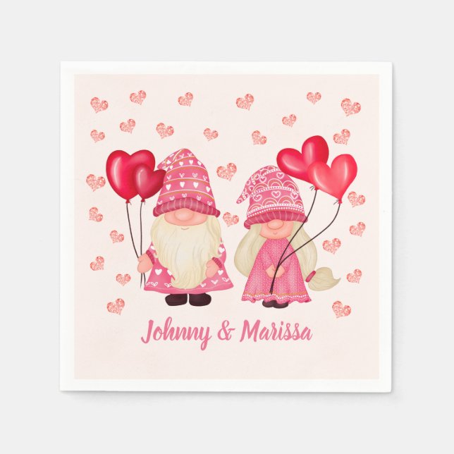 Valentine Pink Gnome Red Hearts Couple Names Serviette (Vorderseite)
