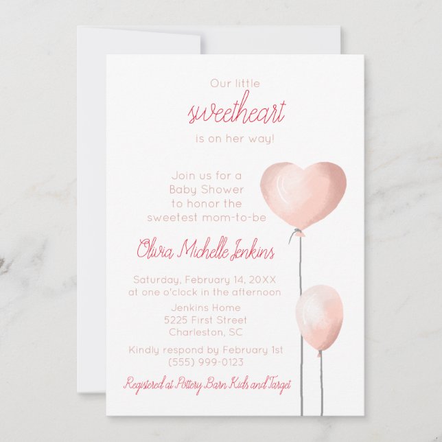 Valentine Pink Heart Balloon Baby Dusche Einladung (Vorderseite)