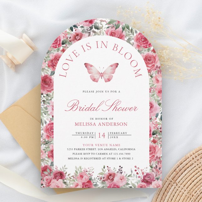 Valentine Pink Rote Rosen Schmetterling Brautparty Einladung (Von Creator hochgeladen)