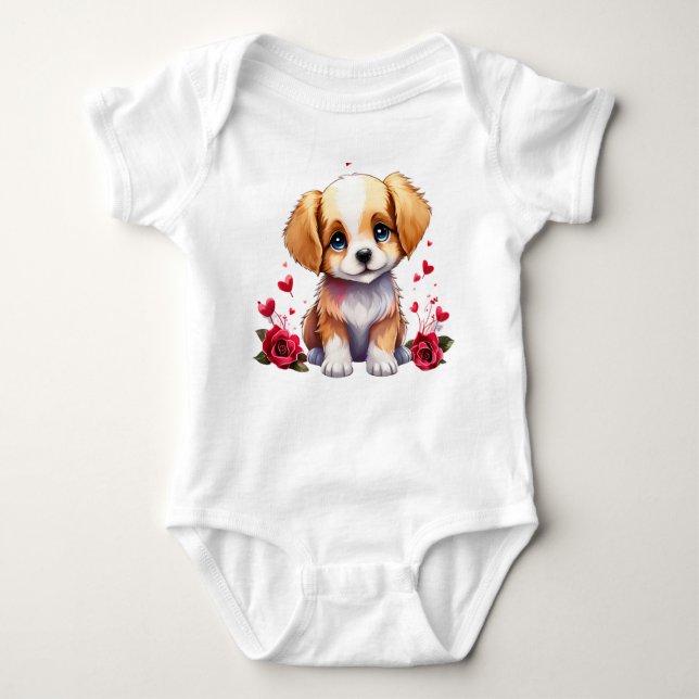 Valentine Puppy, Whimsical Valentine, Personalized Baby Strampler (Vorderseite)
