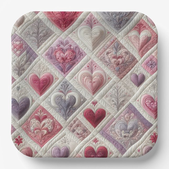 Valentine Quilted Heart Design Pappteller (Vorderseite)