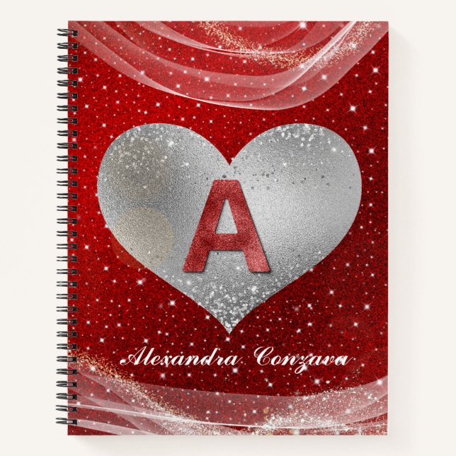 Valentine Red Glitzer Initial A Letter Monogram Notizbuch (Vorderseite)