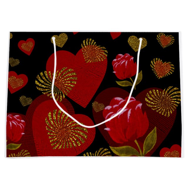 Valentine Red Gold rote Rose auf schwarz Große Geschenktüte (Vorderseite)