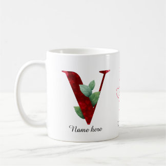 Valentine Red Heart Floral Letter V Initial Mug