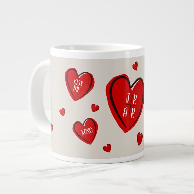 Valentine Red Hearts Niedlich Customize Couple Tan Jumbo-Tasse (Vorderseite Links)