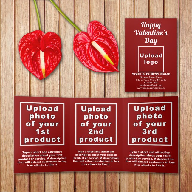 Valentine Red Trifold Card Dreifach Gefaltete Karte (Red Valentine trifold card with your business brand and products or services on table.)