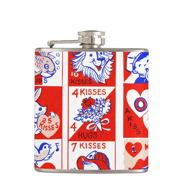 Valentine Retro Liebe schlägt Niedliche Muster Flachmann (Vorderseite)