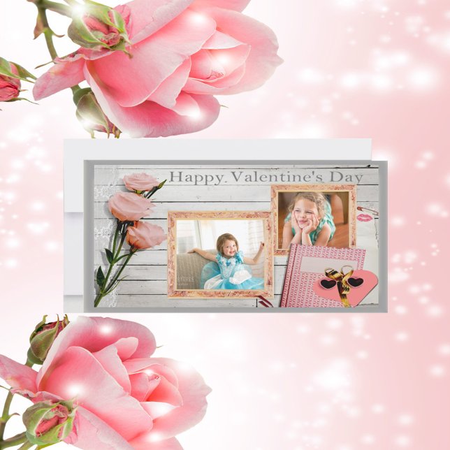 Valentine, rosa Rosen, Herz zwei Bilder Karte (Valentine, Pink Roses, Heart Two Frames Photo Card)