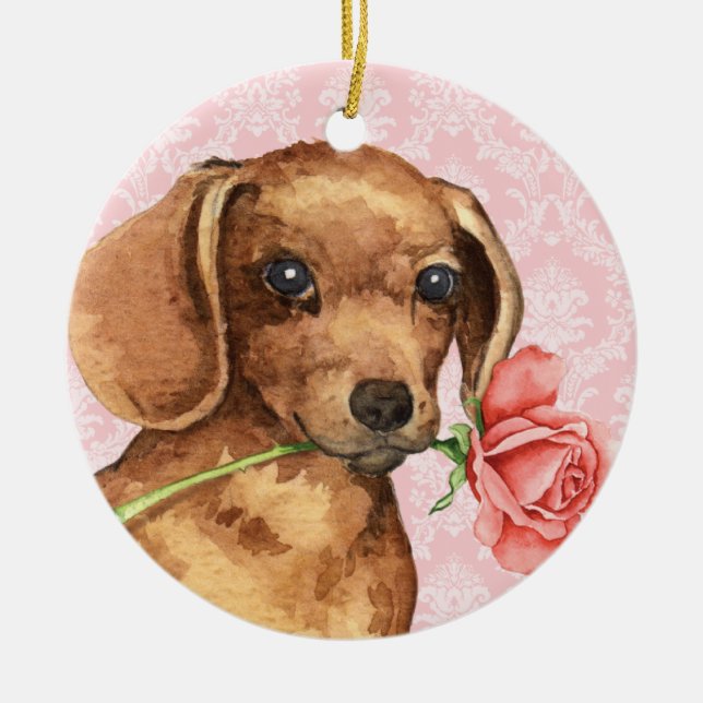 Valentine Rose Dackel Keramikornament (Vorne)