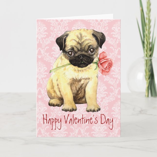 Valentine Rose Mops Feiertagskarte (Vorderseite)