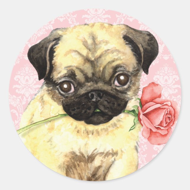 Valentine Rose Mops Runder Aufkleber (Vorderseite)
