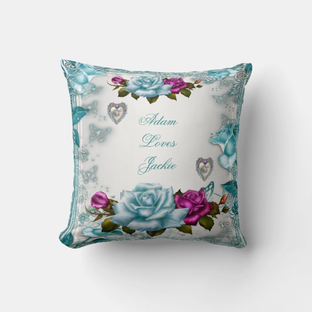 Valentine Rose Weiß Blau Aquamarin Rosa Bläschen Kissen (Vorderseite)